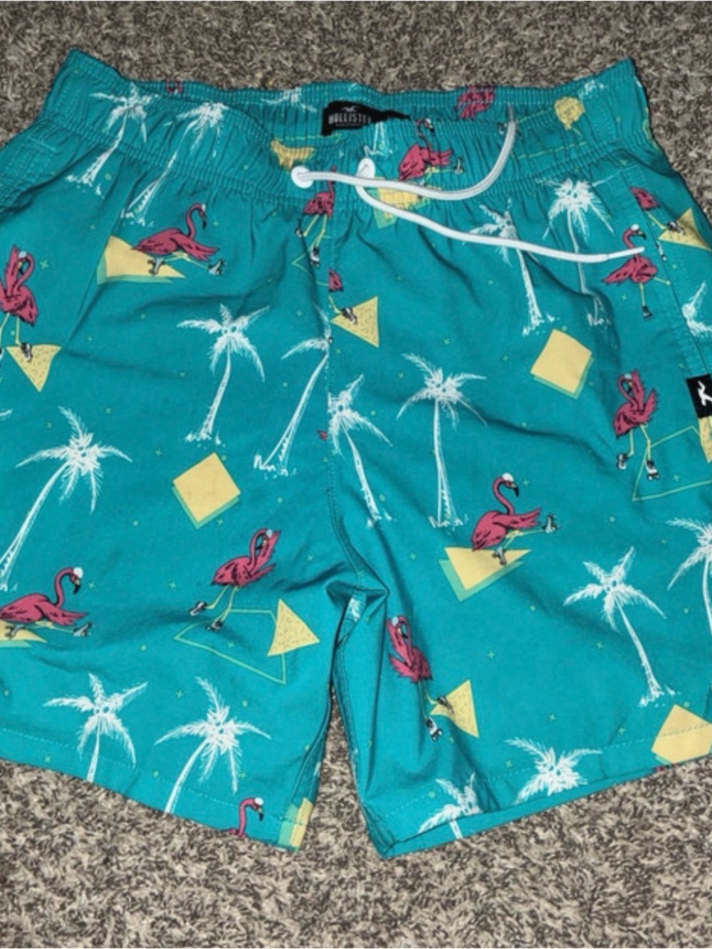 Mens XS Hollister Teal Flamingo Print Swim Trunks